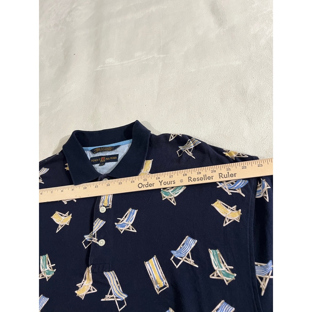 Vintage Tommy Hilfiger Golf Men Polo Shirt Navy Beach Chairs Print Short Sleeve - Picture 9 of 16
